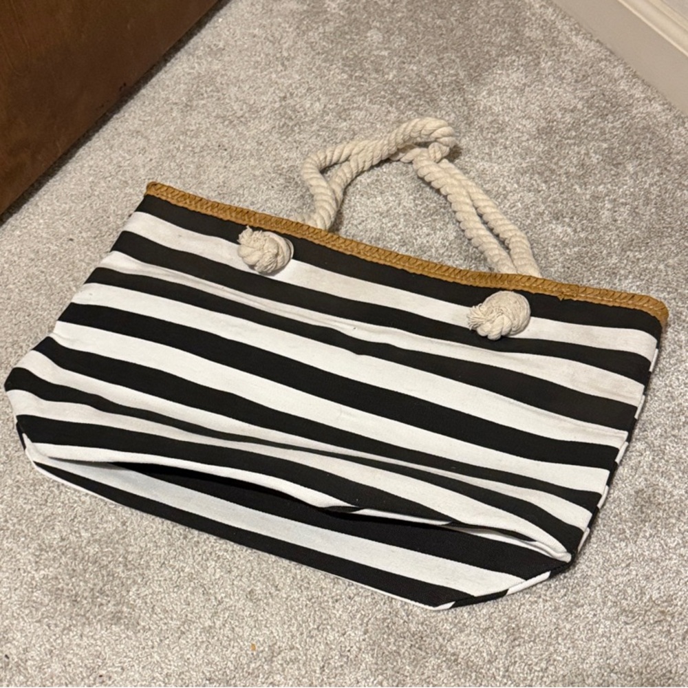Striped Black and White Tote Bag with Rope Handles